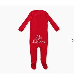 0-3M NWT Pottery Barn red “My First Christmas” onesie, bib, hat and booties!